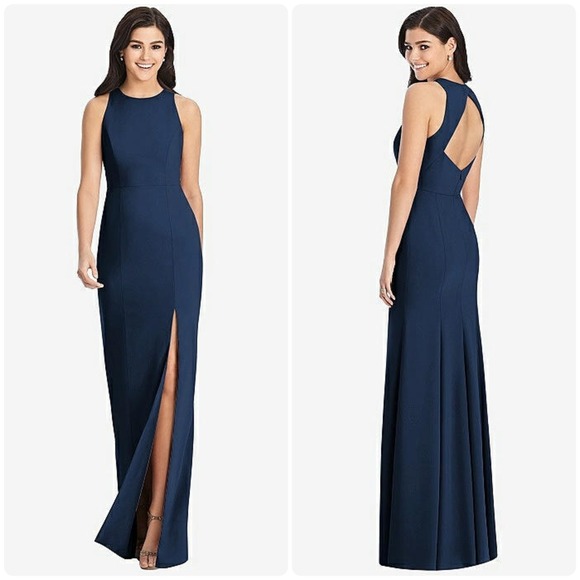 Dessy Collection Formal Gown Size 8 Navy Cutout Back Sleeveless Trumpet Dress - Picture 1 of 12
